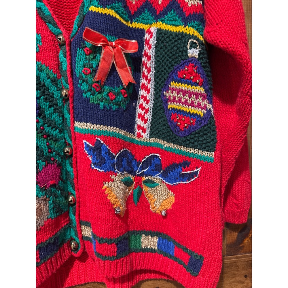 Vintage Capezio Christmas Cardigan Red Santa Tree Teddy Bear Jingle Bell Medium - Picture 3 of 7